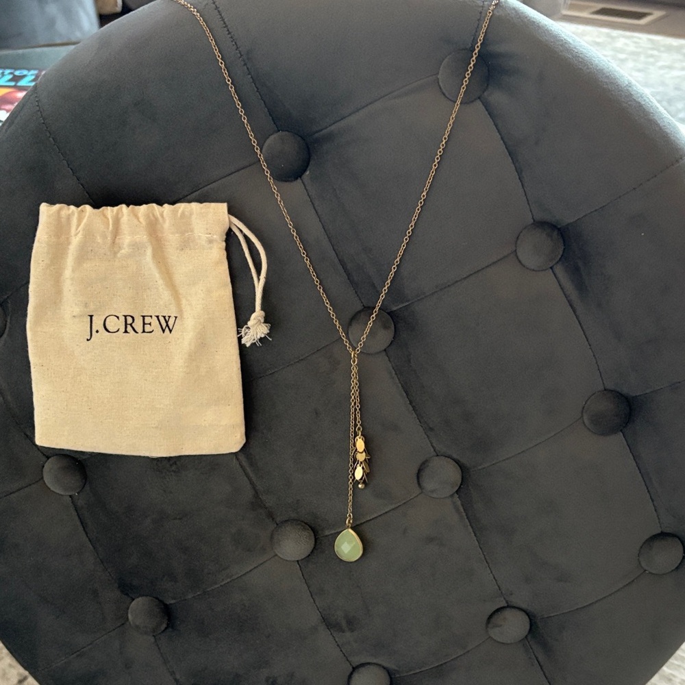 J. Crew Necklace Charm Fringe Tassel Green Crystal Gold Tone 40" Jewelry NWT